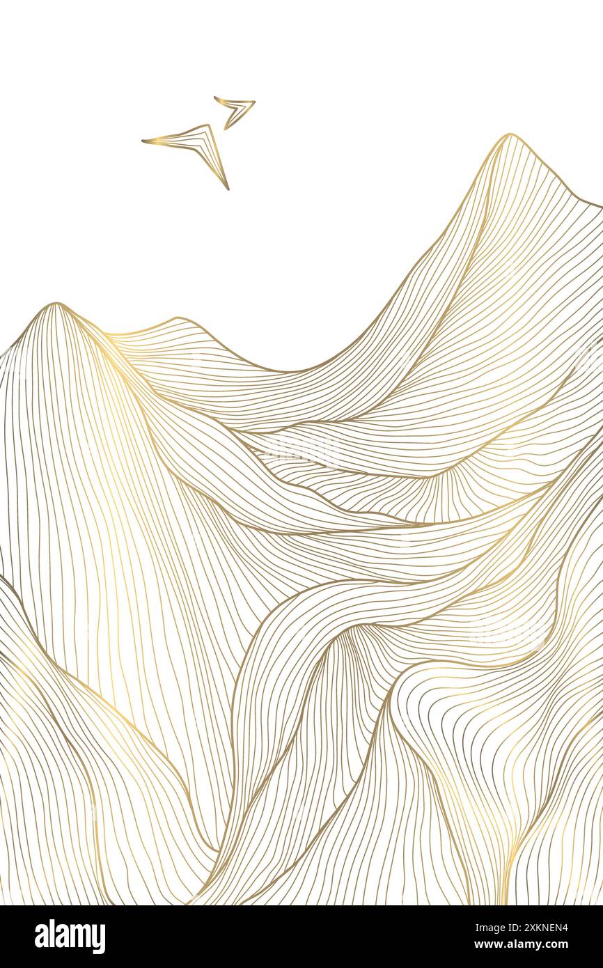 Vecteur ligne de montagne paysage japonais, or de luxe sur roches blanches et illustration d'oiseaux. Orientation verticale nature dessin minimaliste. Vue de dessus Illustration de Vecteur