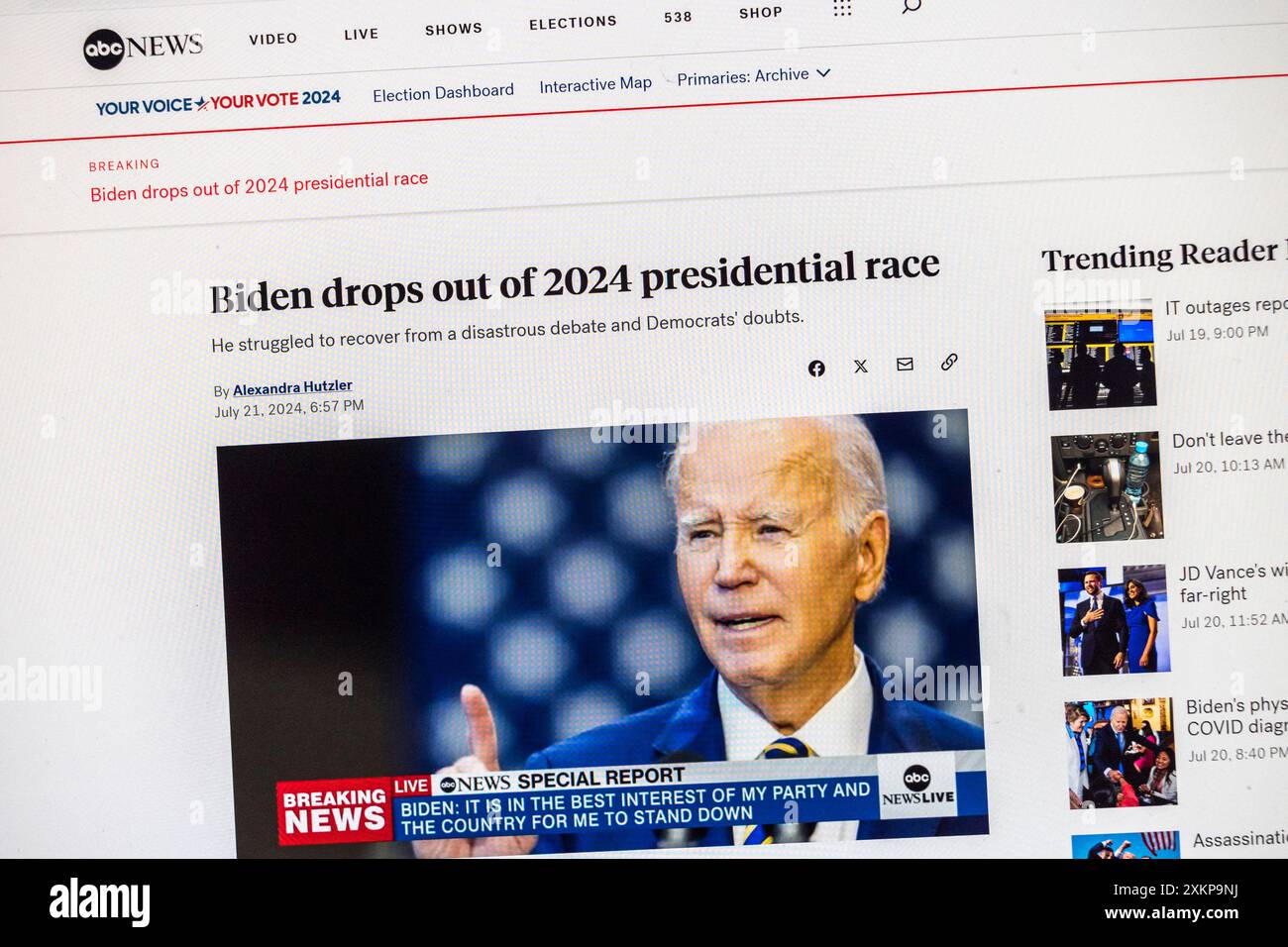 'Biden abandonne...' Titre suite à l'annonce de l'abandon de la course présidentielle par le président Joe Biden, site web ABC News, 21 juillet 2024. Banque D'Images