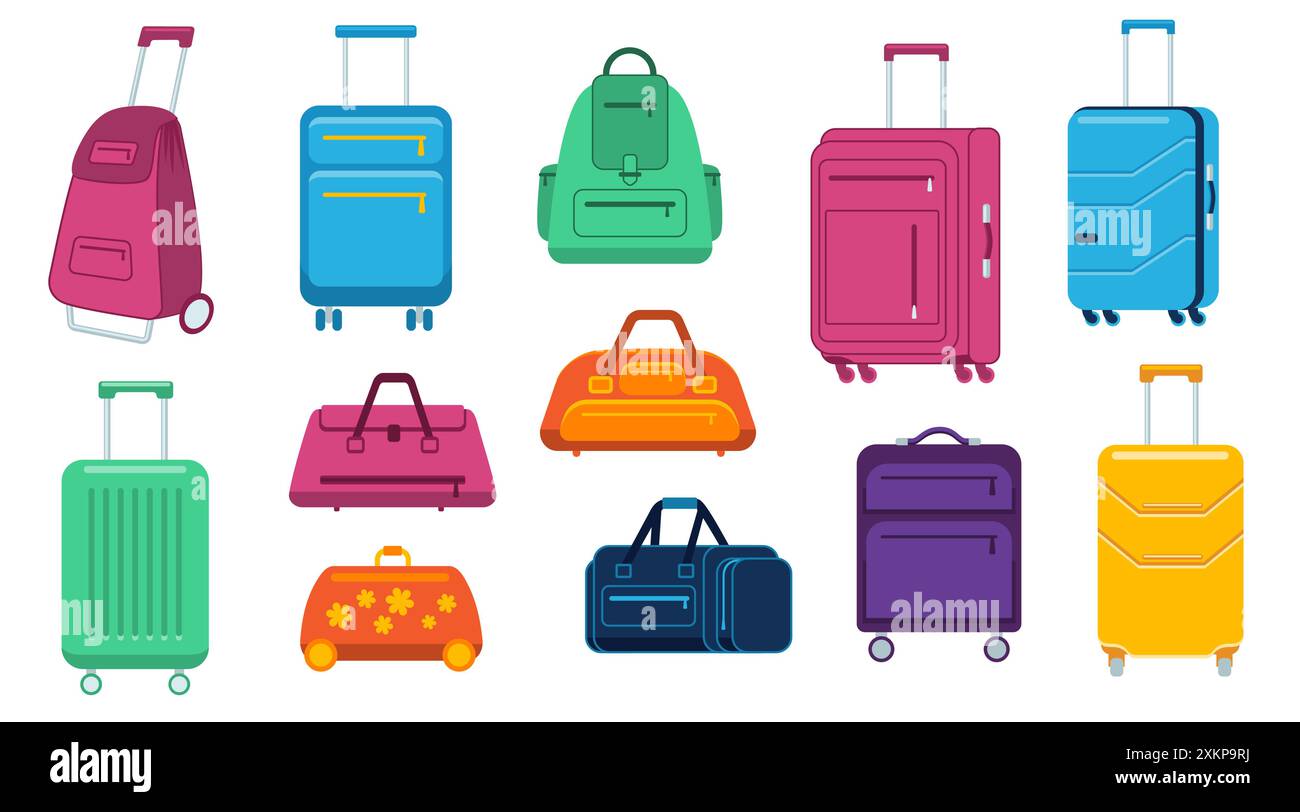 Plastique, valises métalliques, sacs à bagages. Valises de voyage avec roues, sac de voyage, valises professionnelles, bagages de voyage Illustration de Vecteur