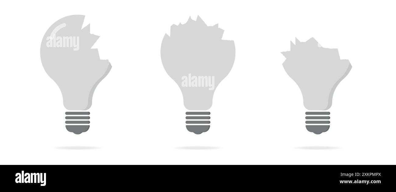 Concept de lampe cassé sur fond blanc. Jeu d'ampoules écrasées. Vecteur de dessin animé Illustration de Vecteur