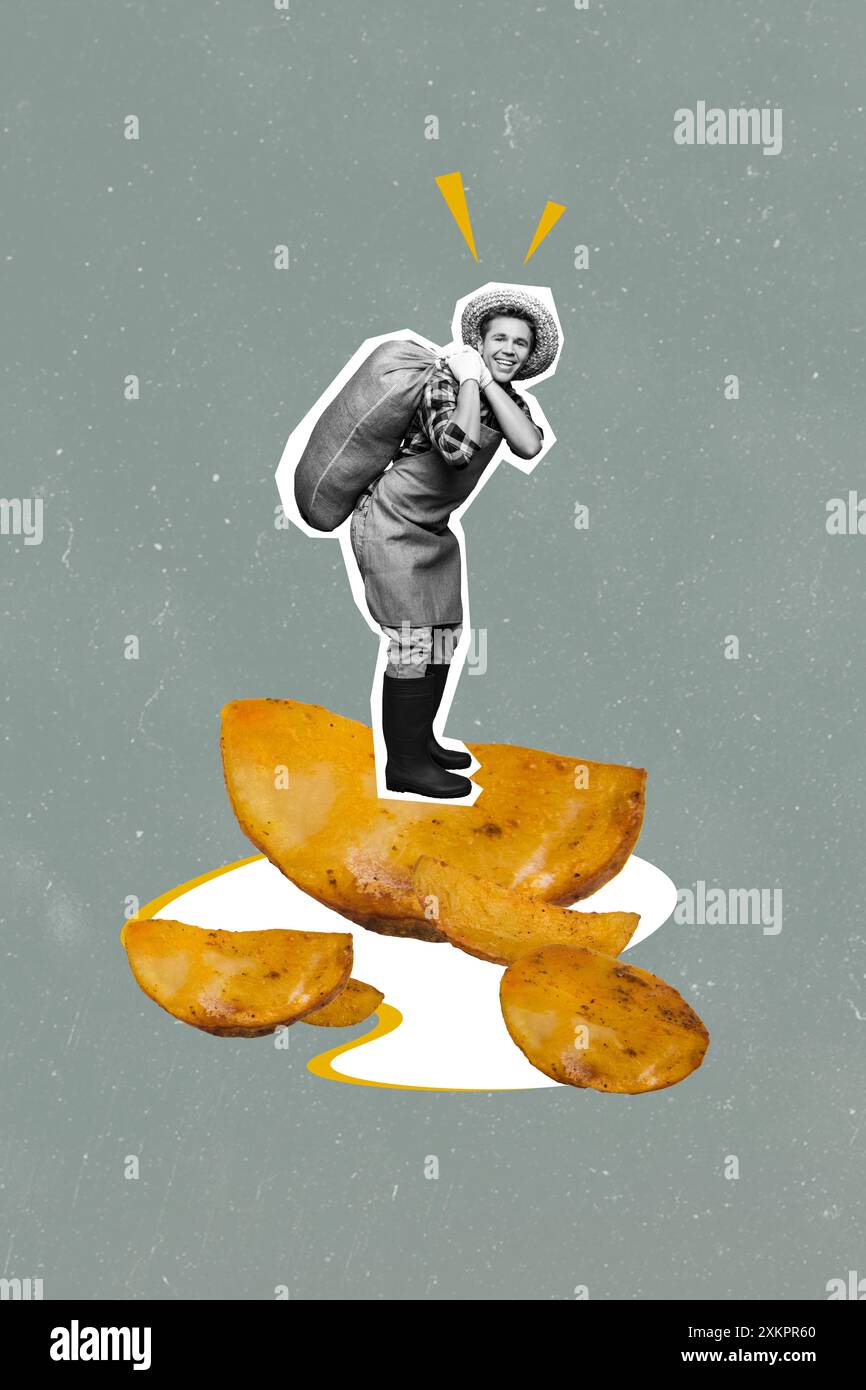 Collage photo vertical de travailleur agricole Happy Guy porter la récolte lourde de légumes de pomme de terre sac de récolte isolé sur fond peint Banque D'Images