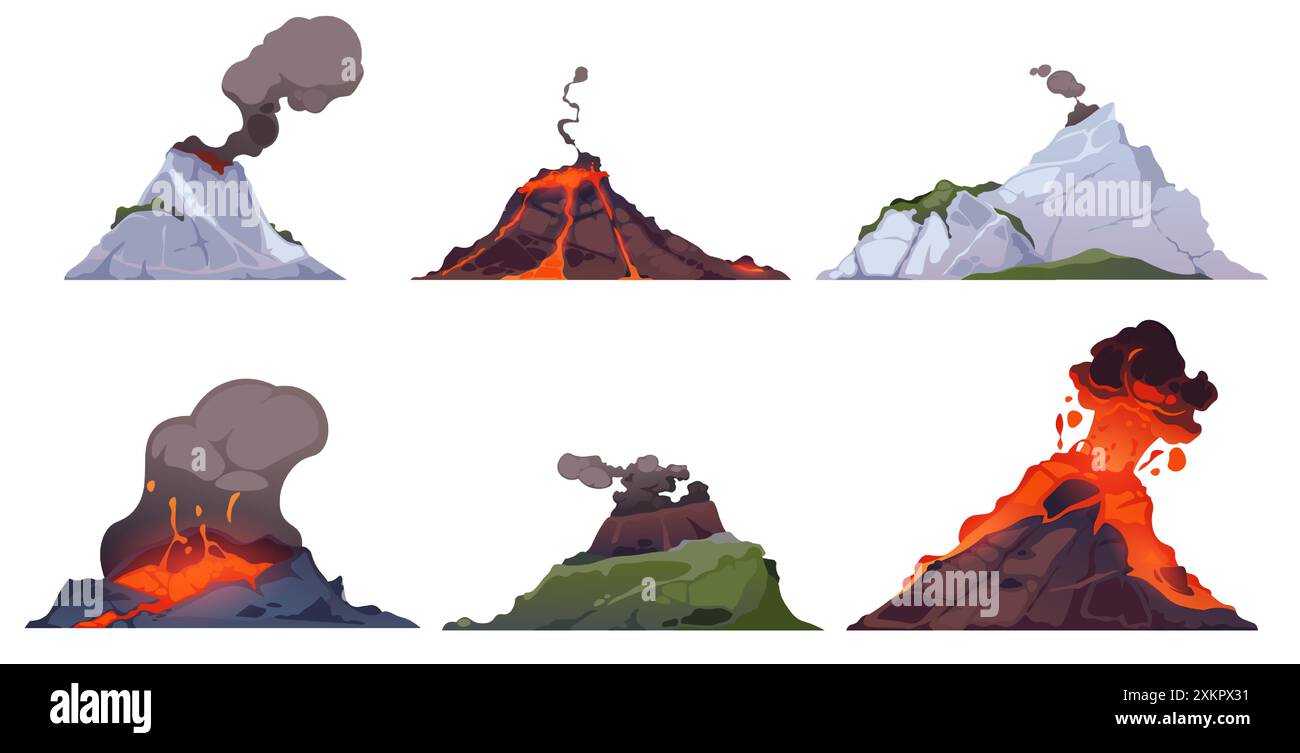 Éruption volcanique. Montagnes avec explosion de lave de feu avec de la fumée. ELEMENT D'ECOULEMENT magmatique volcanique pour paysage de jeu informatique dangereux. Vecteur de volcans Illustration de Vecteur