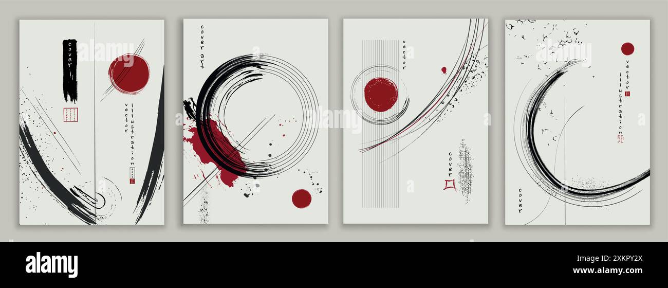 Affiche moderne avec des formes de coup de pinceau d'éclaboussure d'encre ou de peinture et des cercles ronds noirs et rouges sur fond blanc dans le style artistique japonais. Brochure de couverture Illustration de Vecteur