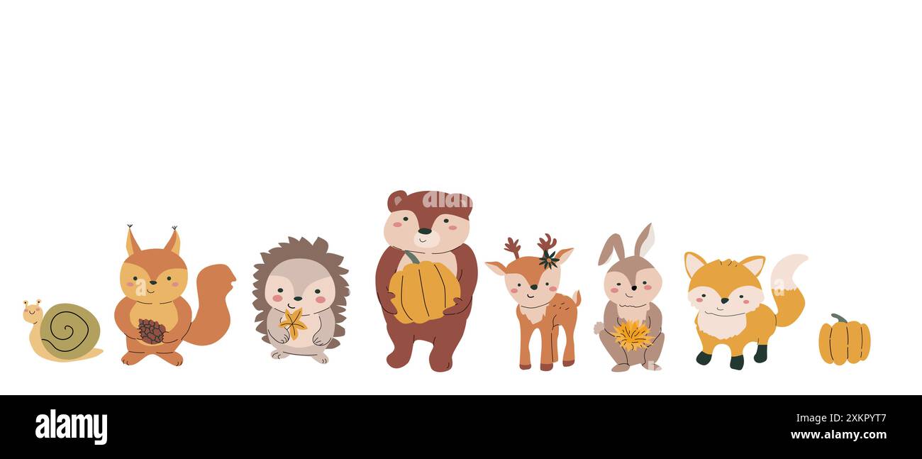 Animaux d'automne paquet avec des feuilles et d'autres articles saisonniers et vêtements, des choses. Animaux sauvages de la forêt d'enfants avec des éléments clipart de récolte. Dessiné à la main Illustration de Vecteur