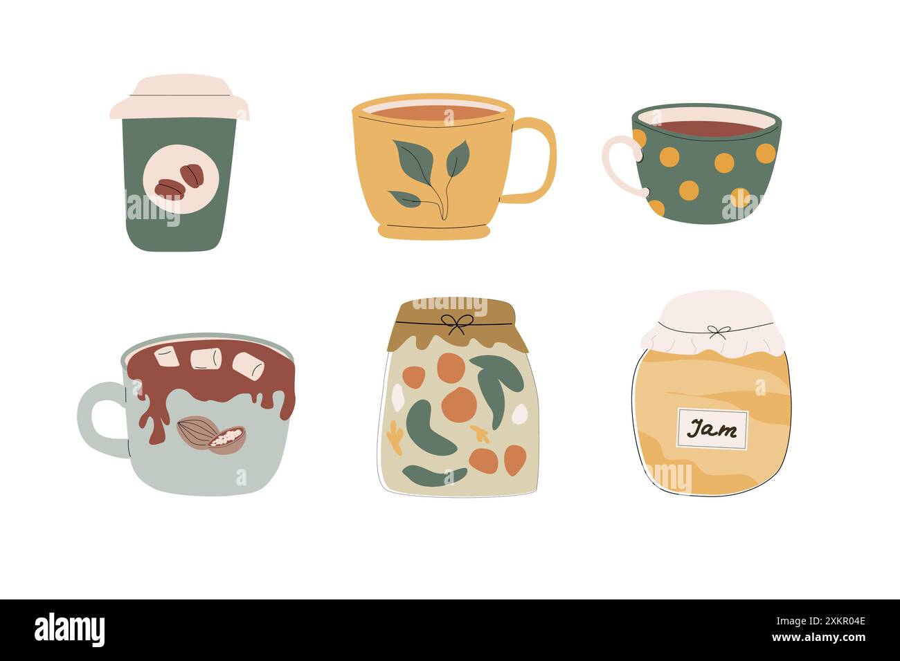 Éléments de récolte d'automne, autocollants ensemble de différentes feuilles, tasses, champignons. Cosy clipart choses et vêtements pour scrapbooking, impression, affiches. Illustration de Vecteur