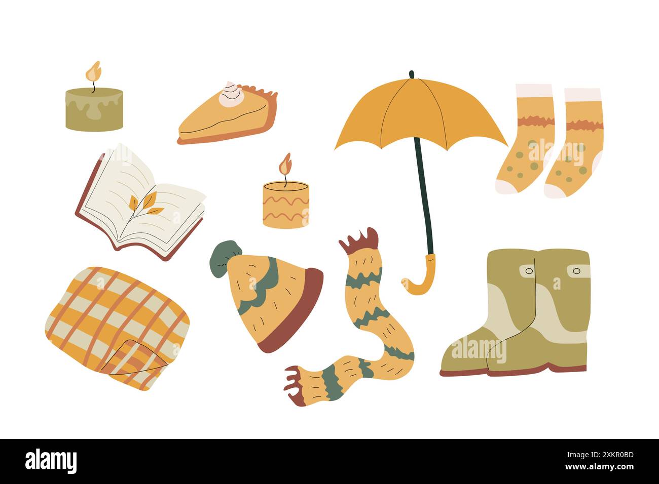Éléments de récolte d'automne, autocollants ensemble de différentes feuilles, tasses, champignons. Cosy clipart choses et vêtements pour scrapbooking, impression, affiches. Illustration de Vecteur