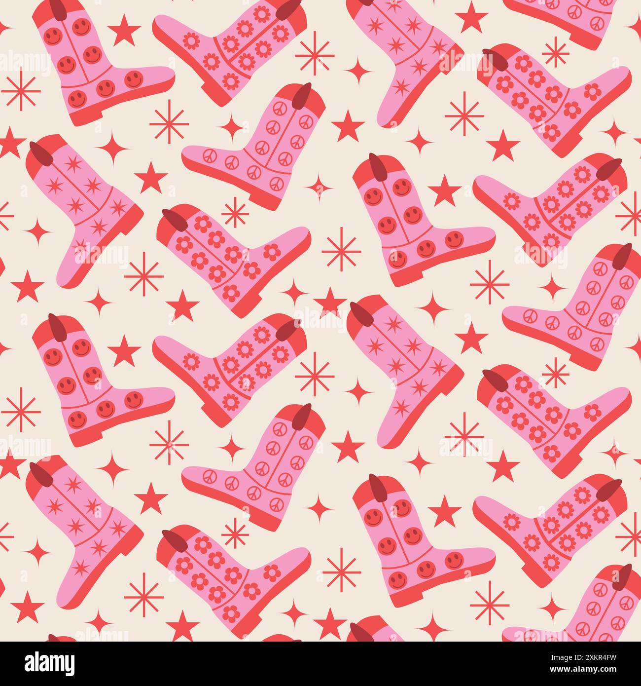 Retro Groovy Pink Cowgirl bottes sans couture avec des visages de sourire, des fleurs rétro et des étoiles. Pour tissu, textile et papier d'emballage Illustration de Vecteur