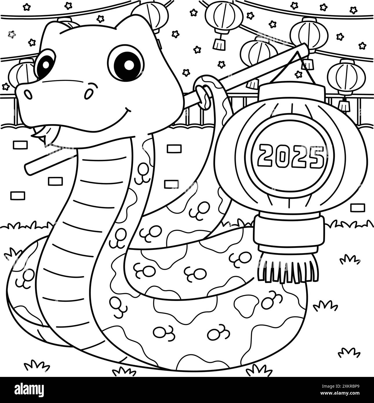 Année du serpent tenant une lanterne 2025 Coloriage Illustration de Vecteur