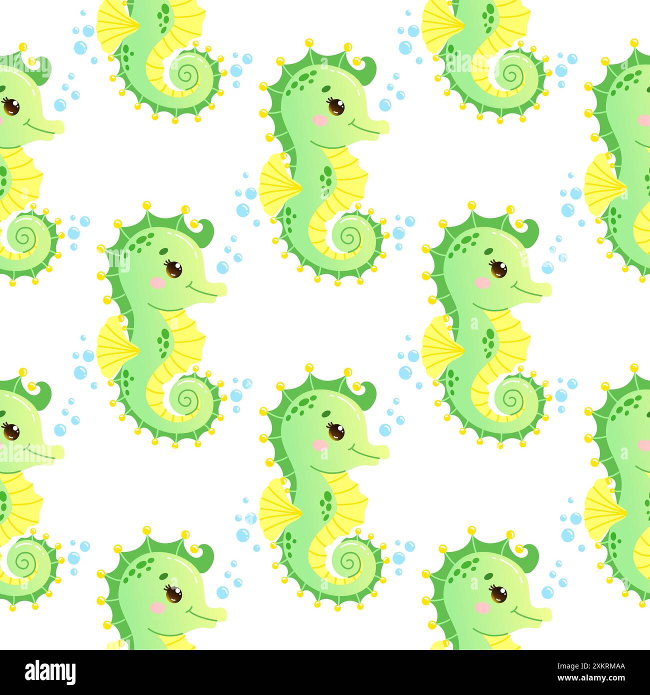 Motif sans couture vectoriel avec des hippocampes verts et jaunes adorables avec des bulles sur un fond blanc. Illustration de Vecteur