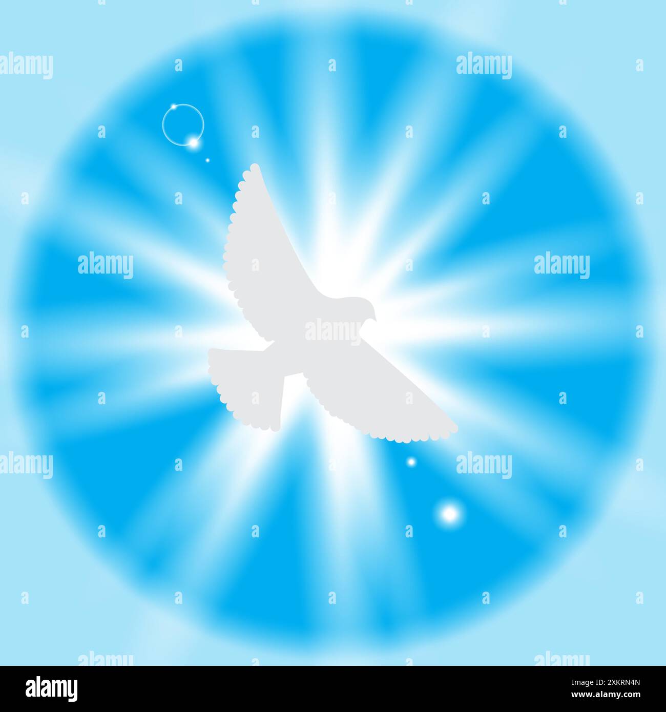 Silhouette de colombe volante. Oiseau blanc sur un fond radieux bleu. Rayons lumineux abstraits. Vol paisible. Illustration de Vecteur