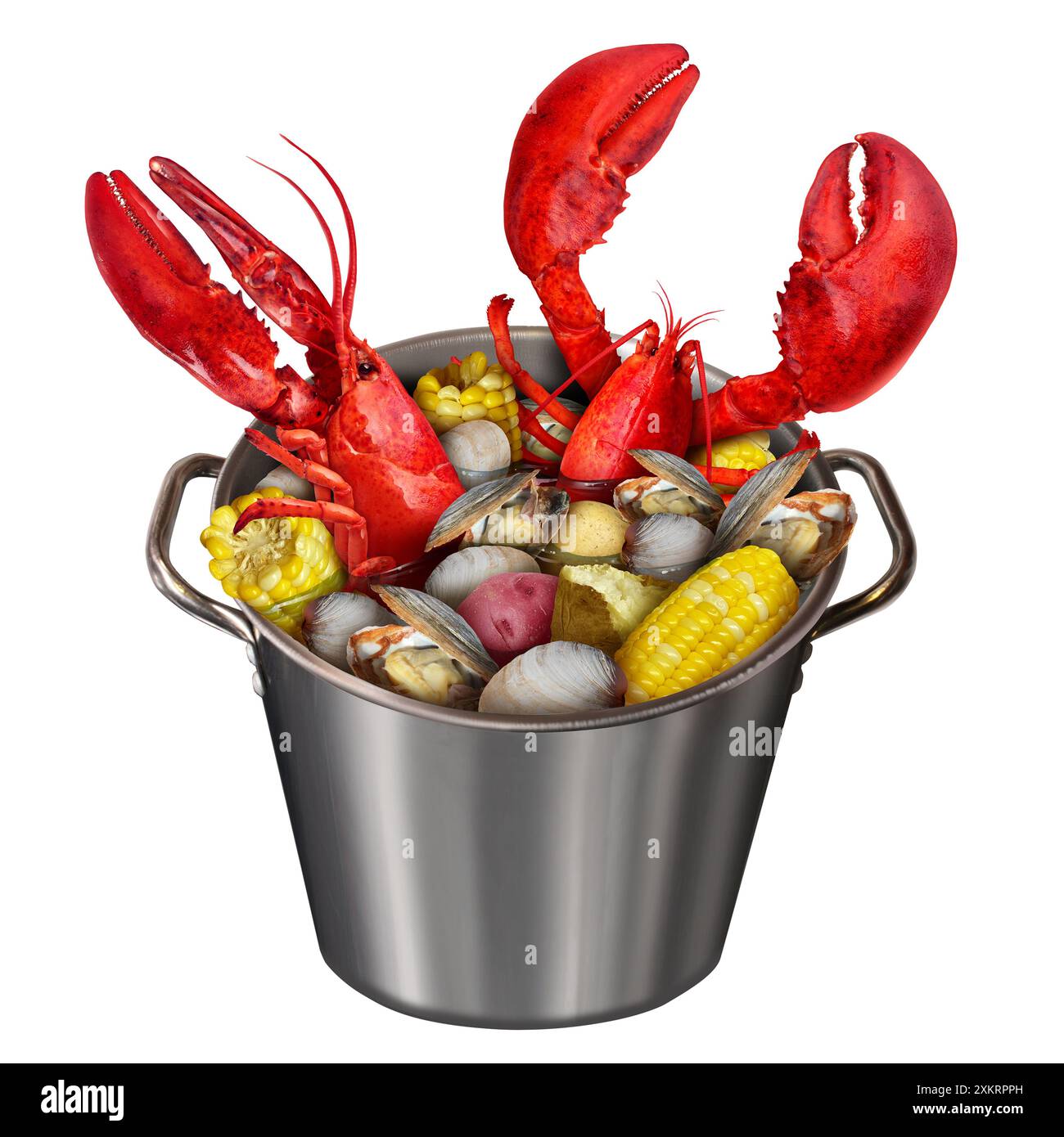 Homard Bake isolé sur un fond blanc comme un pot de homards bouillant avec des palourdes de maïs et des pommes de terre comme un repas festif classique de la côte atlantique et de la mer Banque D'Images Homard Bake isolé sur un fond blanc comme un pot de homards bouillant avec des palourdes de maïs et des pommes de terre comme un repas festif classique de la côte atlantique et de la mer Banque D'Images