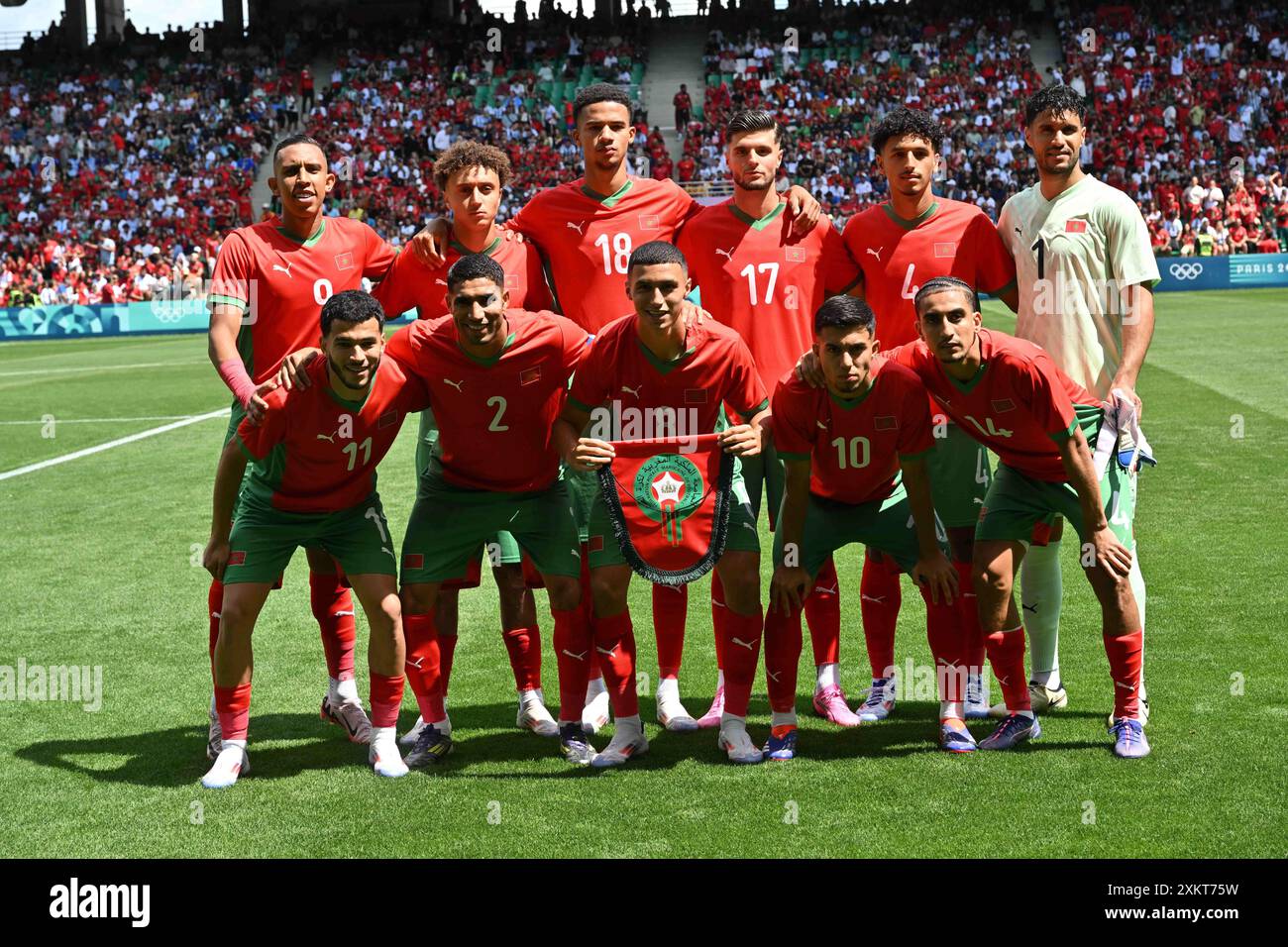 Équipe du Maroc lors du Football, hommes&#39;s Groupe B, entre l'Argentine et le Maroc lors des Jeux Olympiques de Paris 2024 le 24 juillet 2024 au stade Geoffroy-Guichard à Saint-Etienne, France Banque D'Images