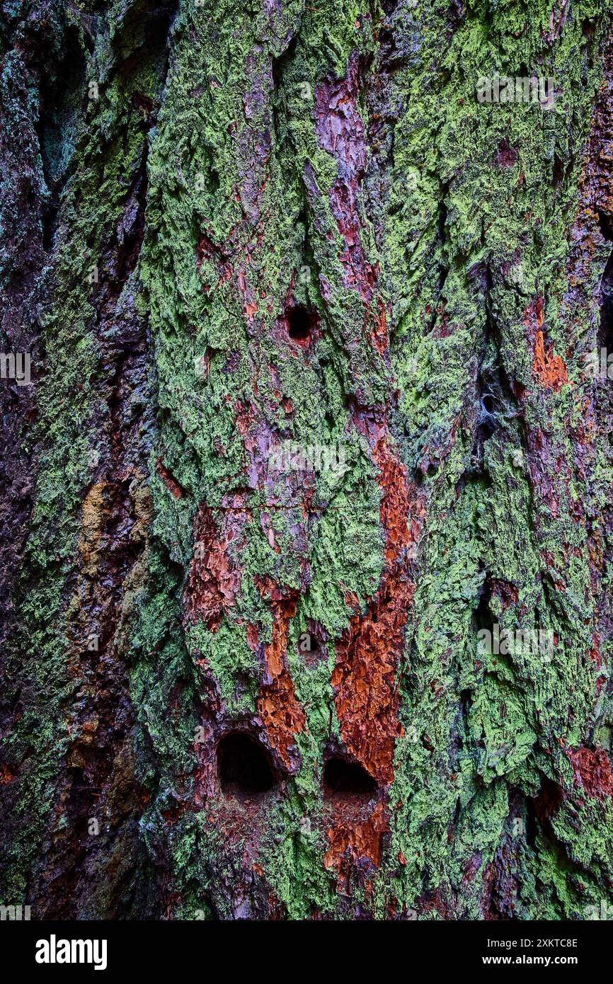 Écorce d'arbre recouverte de mousse avec gros plan détaillé sur la texture Banque D'Images