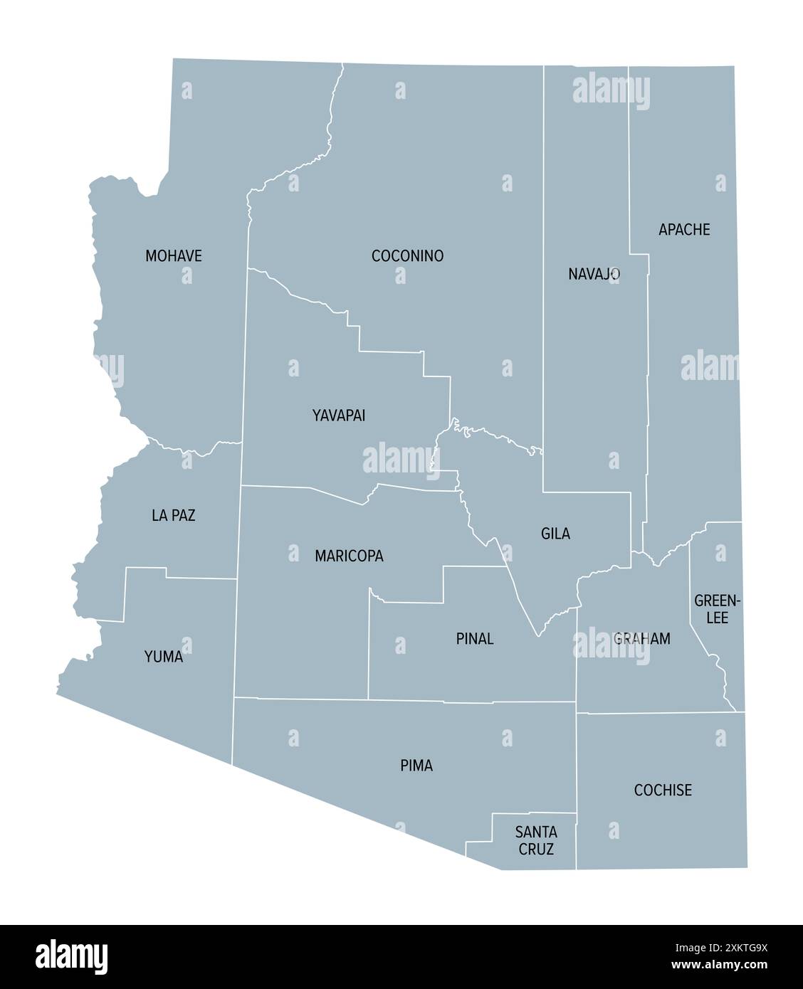 Comtés de l'Arizona, carte politique grise. État enclavé surnommé Grand Canyon State, dans la région sud-ouest des États-Unis. Banque D'Images