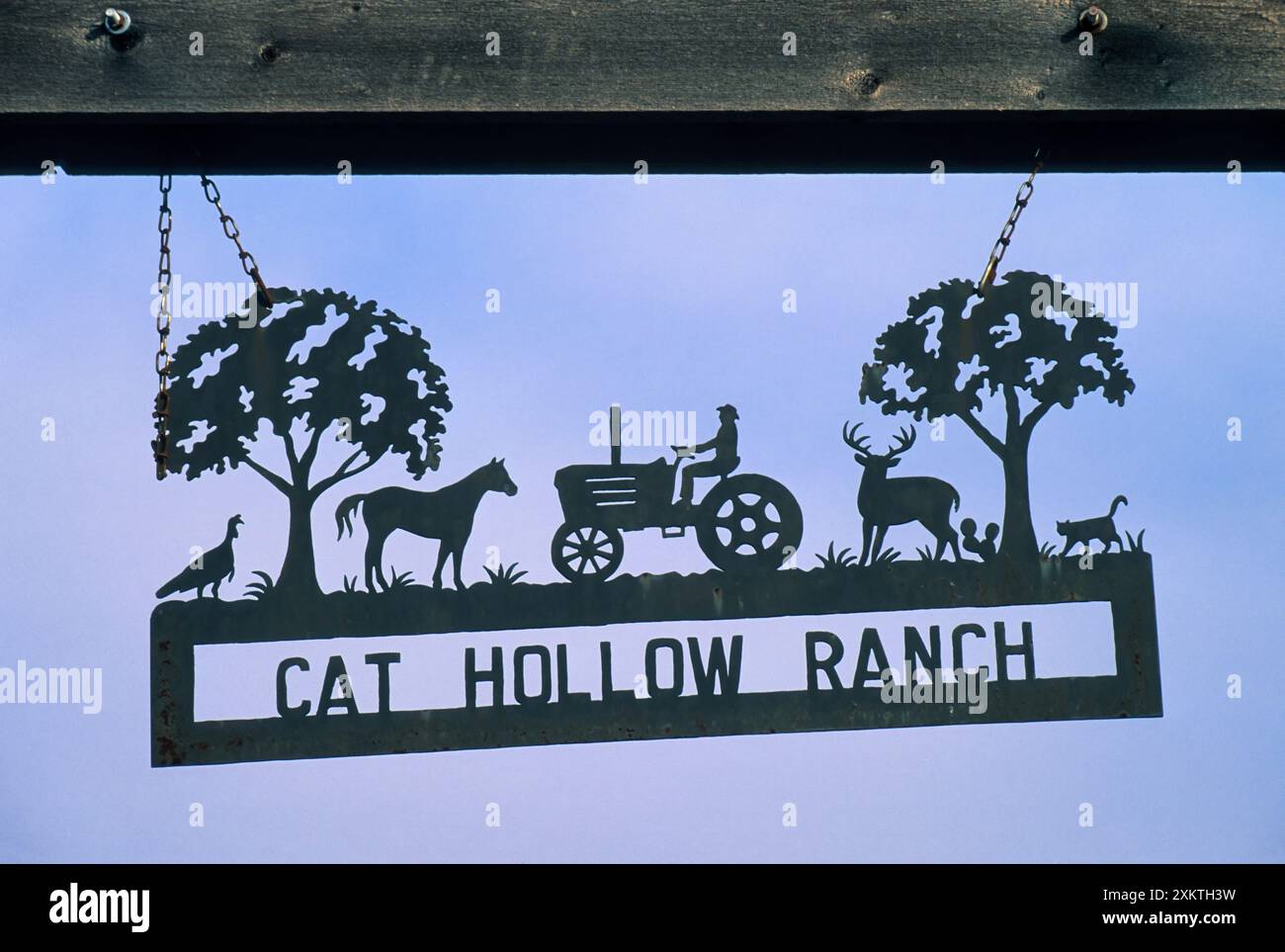 Panneau en fer forgé à la porte du ranch près du Mt Gainor sur la route 219 du comté de Hays dans le Hill Country, Texas, États-Unis Banque D'Images