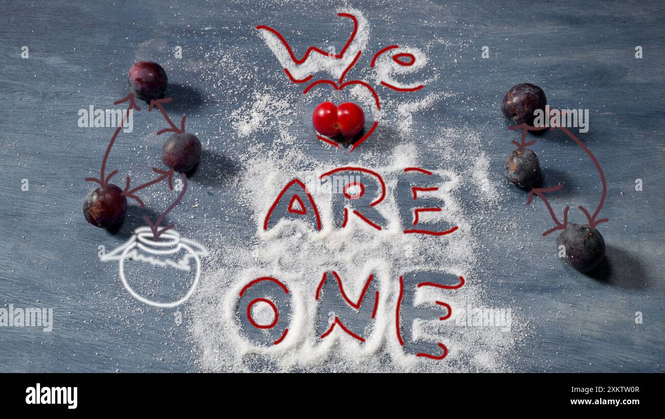 « Nous sommes un » écrit en sucre sur fond gris. Des prunes, un Mirabelle, un verre de marmelade dessiné à la main. Banque D'Images