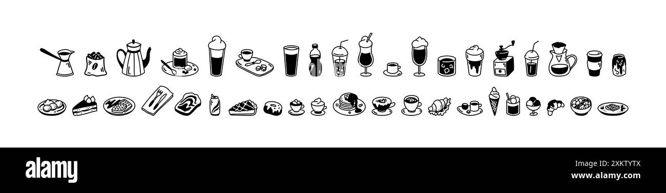 Jolis éléments de design de café. Petit déjeuner minimaliste, déjeuner, dessert esthétique. Icônes minimales du menu du restaurant. Tasses verres, tasses de boissons chaudes Illustration de Vecteur
