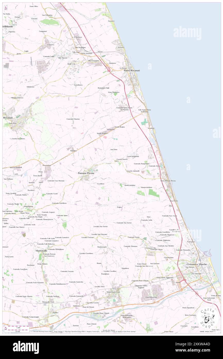 Potenza Picena, Provincia di Macerata, IT, Italie, les Marches, n 43 22' 6'', N 13 37' 20'', carte, Carthascapes carte publiée en 2024. Explorez Cartascapes, une carte qui révèle la diversité des paysages, des cultures et des écosystèmes de la Terre. Voyage à travers le temps et l'espace, découvrir l'interconnexion du passé, du présent et de l'avenir de notre planète. Banque D'Images