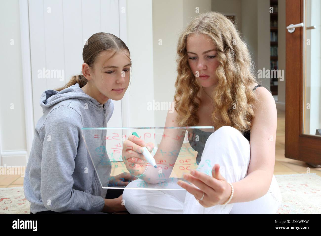 Les filles faisant des mathématiques mathématiques assis sur le sol écrivant sur le tableau blanc avec des stylos fractions mathématiques éducation des filles en STIM Banque D'Images