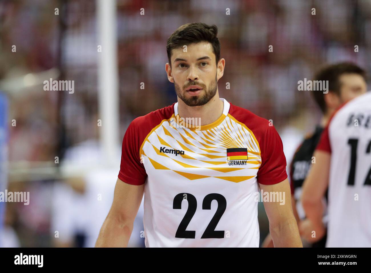 Tobias Krick d'Allemagne vu lors du match de volleyball Hubert Wagner Memorial 2024 entre la Pologne et l'Allemagne à Tauron Arena. Score final ; Pologne 3:2 (20:25, 22:25, 25:19, 25:21, 15:12) Allemagne. Banque D'Images