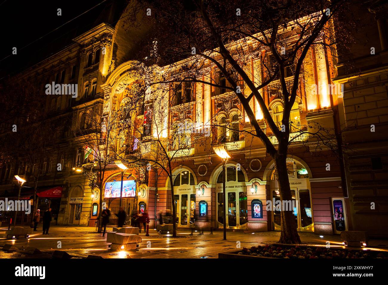 BUDAPEST, HONGRIE - 21 FÉVRIER 2022 : Théâtre de l'Opéra de Budapest avec une façade illuminée la nuit, le 21 février à Budapest, Hongrie Banque D'Images