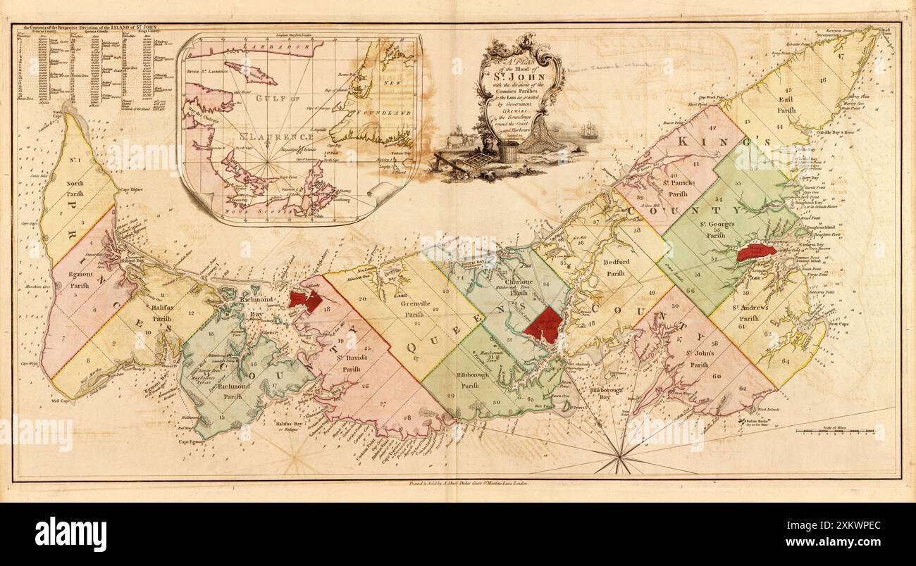 Plan cartographique vintage de l’Île de Saint John, qui devint la province canadienne de l’Île-du-Prince-Édouard, montrant les comtés, les paroisses et les lots vers 1775 Banque D'Images