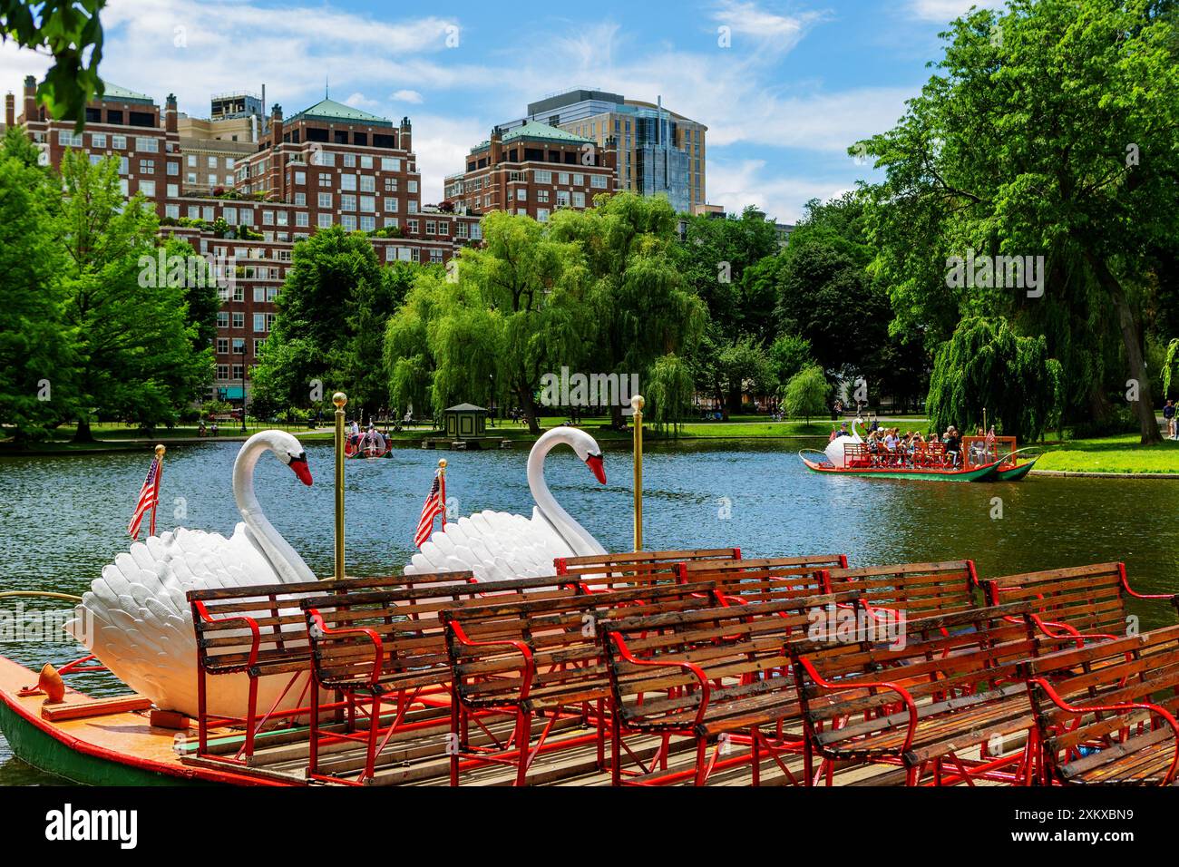 Boston, Massachusetts, États-Unis - 18 juin 2022 : étang du jardin public de Boston avec des bateaux cygnes et des bâtiments de Back Bay en arrière-plan. Banque D'Images