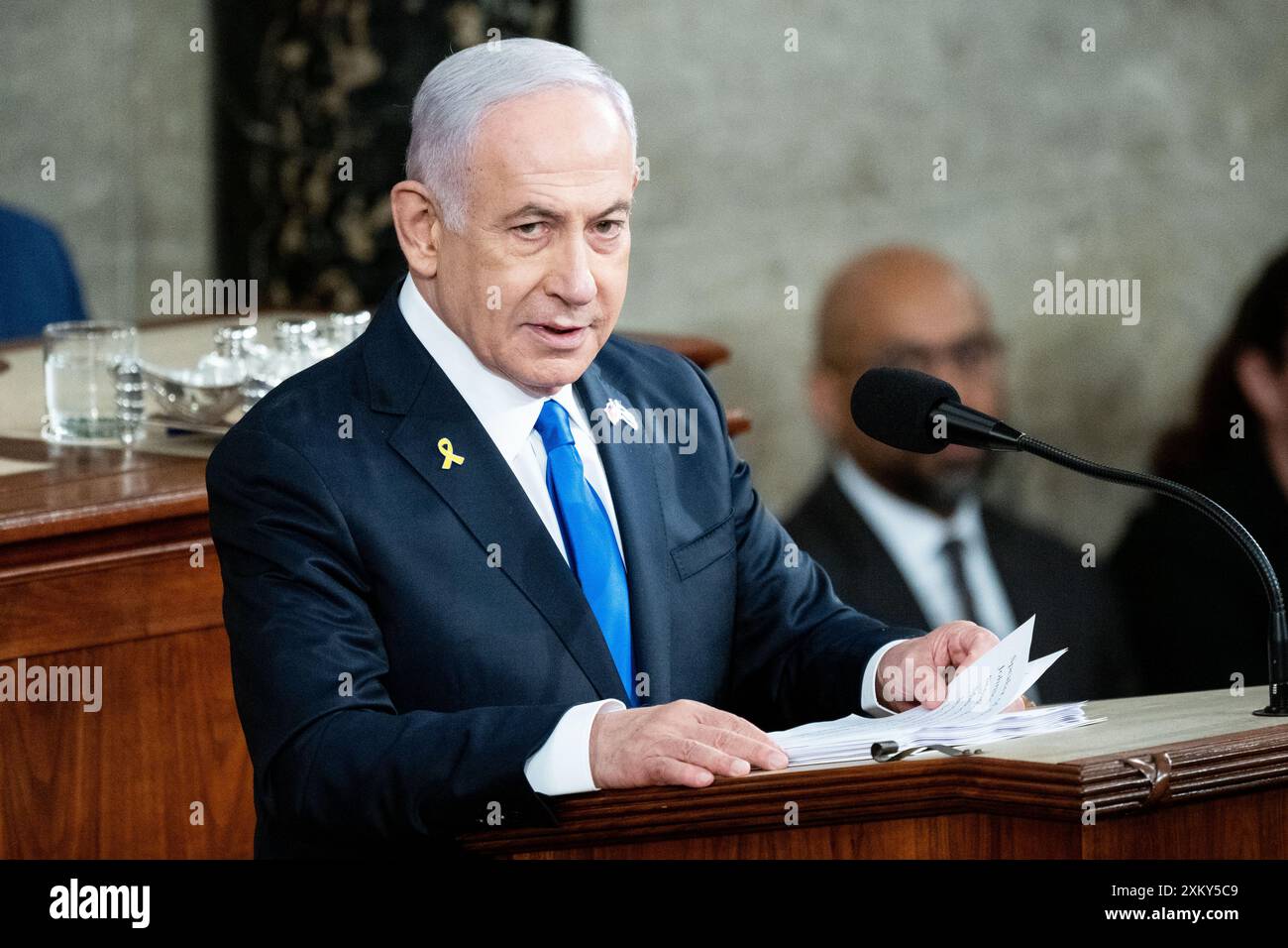 Washington, États-Unis. 24 juillet 2024. Le premier ministre israélien Benjamin Netanyahu s’exprimant lors d’une session conjointe du Congrès dans la salle de la Chambre au Capitole des États-Unis. Crédit : SOPA images Limited/Alamy Live News Banque D'Images