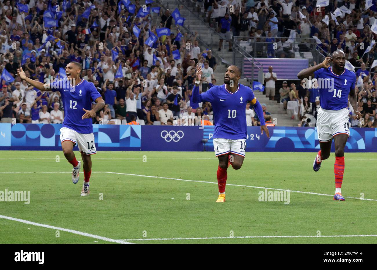 Marseille, France. 24 juillet 2024. Alexandre Lacazette (FRA) concourt en Football masculin après le premier but du match du Groupe A entre la France et les États-Unis lors des Jeux Olympiques de Paris 2024, au stade de Marseille le 24 juillet 2024 à Marseille. Photo de Patrick Avanturier/ABACAPRESS. COM Credit : Abaca Press/Alamy Live News Banque D'Images