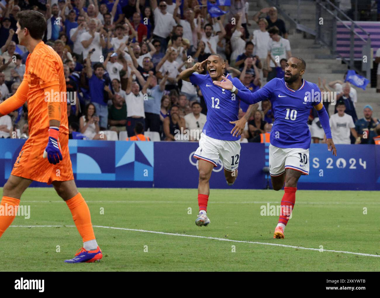 Marseille, France. 24 juillet 2024. Alexandre Lacazette (FRA) concourt en Football masculin après le premier but du match du Groupe A entre la France et les États-Unis lors des Jeux Olympiques de Paris 2024, au stade de Marseille le 24 juillet 2024 à Marseille. Photo de Patrick Avanturier/ABACAPRESS. COM Credit : Abaca Press/Alamy Live News Banque D'Images