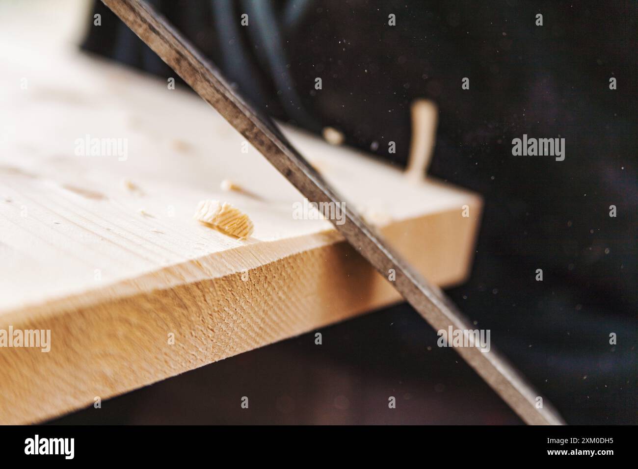 Charpentier qualifié lissant la planche de bois avec râpe dans un atelier occupé, créant de la sciure de bois. Gros plan montrant des mains au travail, mettant en évidence l'artisanat et le dedi Banque D'Images