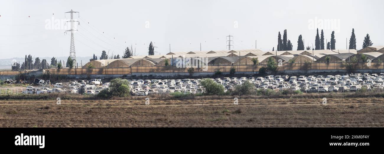 Une petite section des rangées et des rangées de voitures attaquées et ruinées par l'invasion d'Israël par le Hamas le 7 octobre avec un ciel dégagé et des terres agricoles Banque D'Images