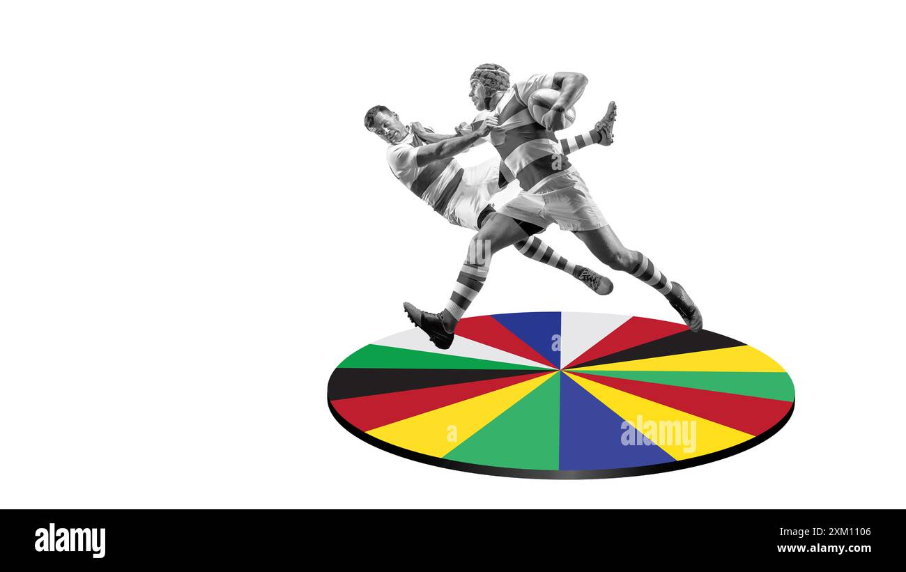 Hommes compétitifs, joueurs de rugby en mouvement jouant sur une plate-forme ronde multicolore, symbolisant un événement multiculturel. Design créatif. Collage artistique. Banque D'Images
