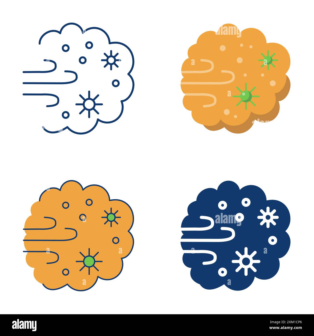 Ensemble emblématique de la tempête de pollen en coupe plate et ajustée. Nuage de poussière, allergène. Illustration vectorielle. Illustration de Vecteur