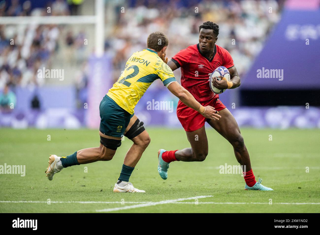 Paris, France. 24 juillet 2024. L'attaquant de l'équipe australienne Nathan Lawson (12 ans) lors du match de rugby à sept hommes de la poule C entre le Kenya et l'Australie au stade de France à Saint-Denis, France, le 24 juillet 2024. Photo par Eliot Blondet/ABACAPRESS. COM Credit : Abaca Press/Alamy Live News Banque D'Images