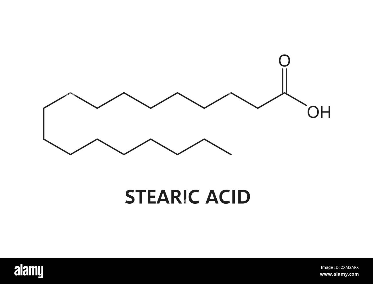 Structure chimique de la molécule d'acide stéarique et formule de la chaîne moléculaire, icône vectorielle. Structure moléculaire d'acide gras stéarique et formule de chaîne pour diétar Illustration de Vecteur