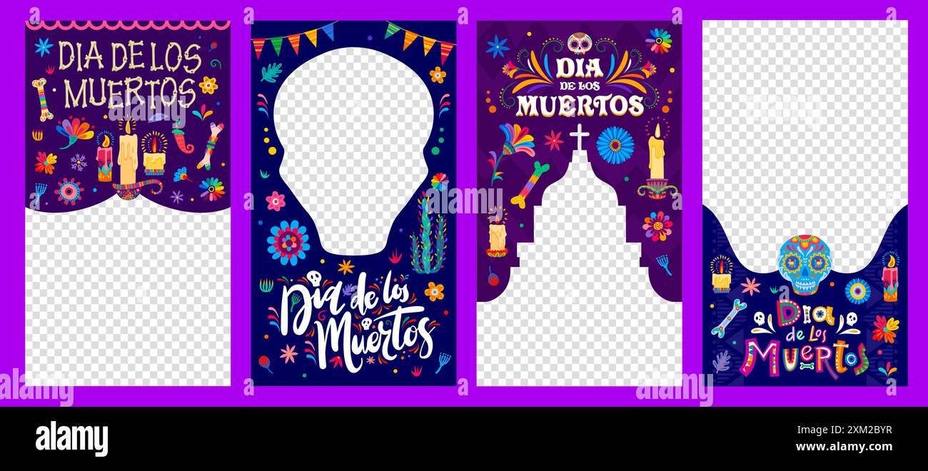 Jour des morts dia de los muertos modèles de médias sociaux de vacances mexicaines. Cadres vides verticaux vectoriels pour célébrer la culture du Mexique, honorer l'ancêtre Illustration de Vecteur