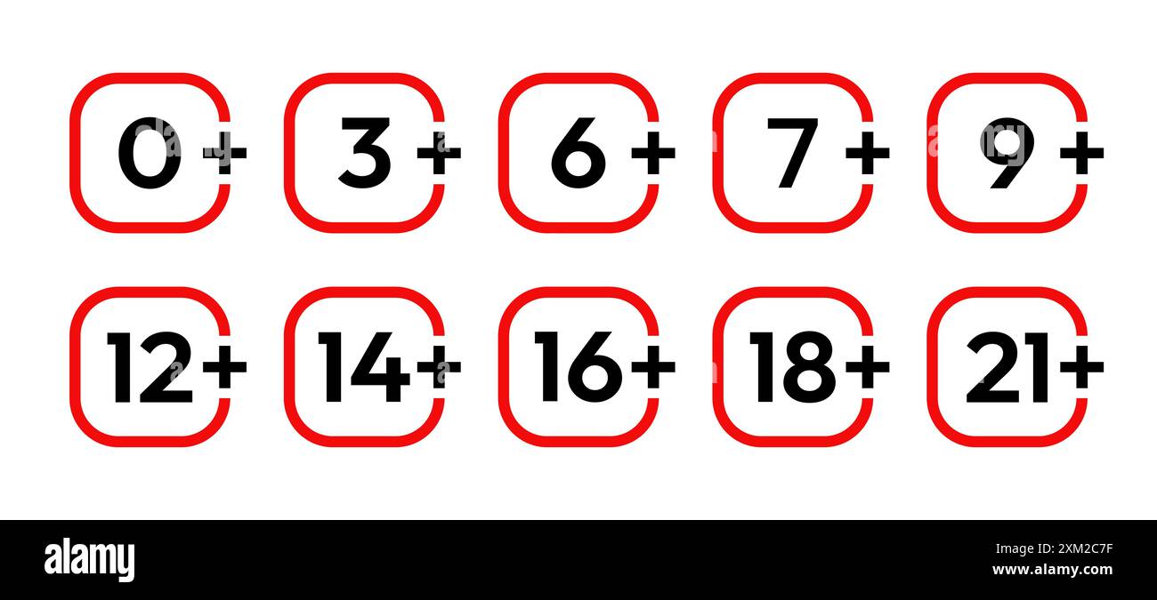 Signes et icônes de moins d'âge, 18 symboles plus pour les avertissements et restrictions interdits, étiquettes vectorielles. Signes de mineurs pour les adultes âgés de 21 ans ou PG conte Illustration de Vecteur