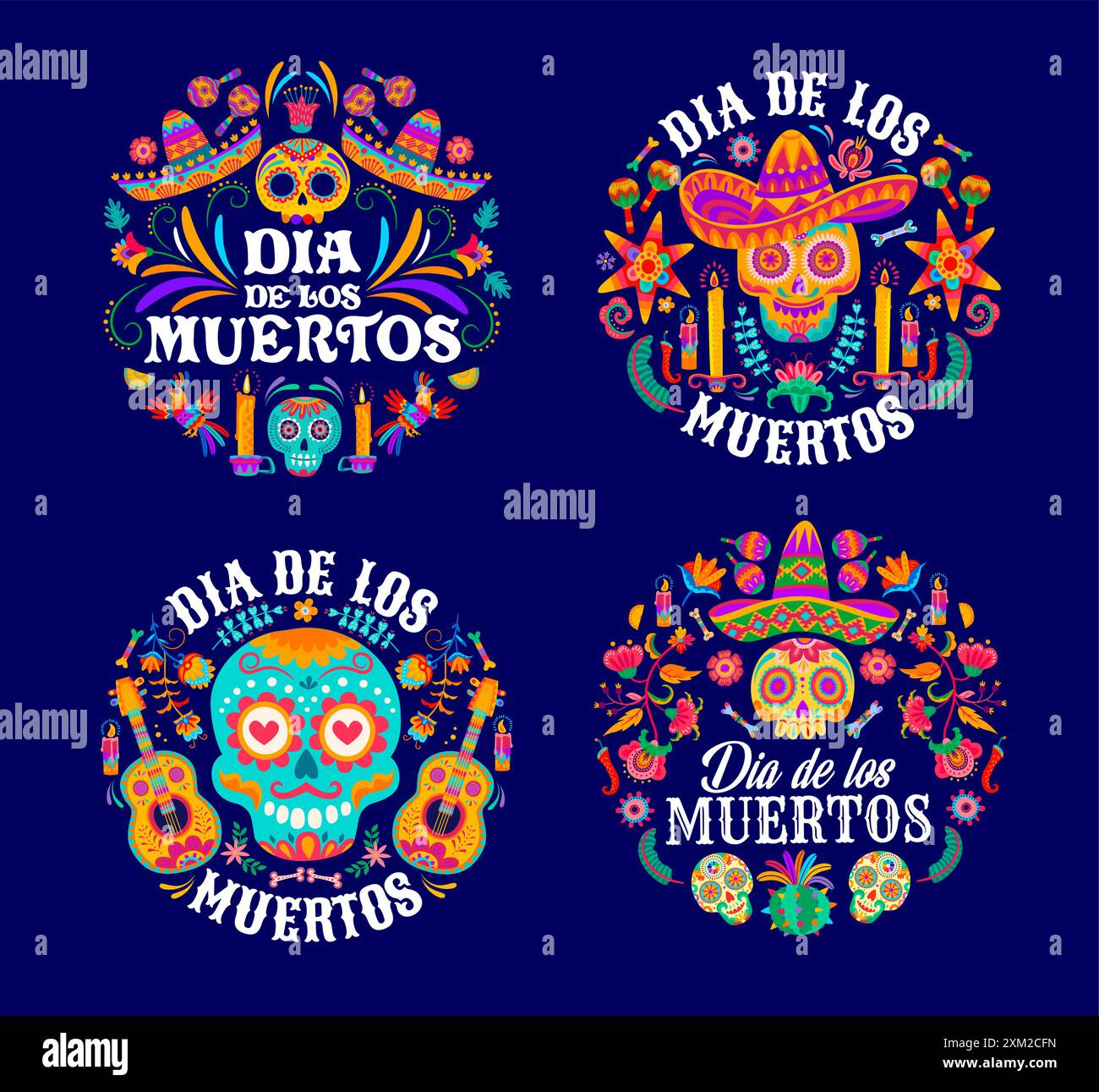Jour mort fête mexicaine, dia de los Muertos emblèmes ronds. Marqueurs vectoriels isolés avec des crânes de sucre de calavera, des bougies allumées, des plantes de cactus et des flocons Illustration de Vecteur