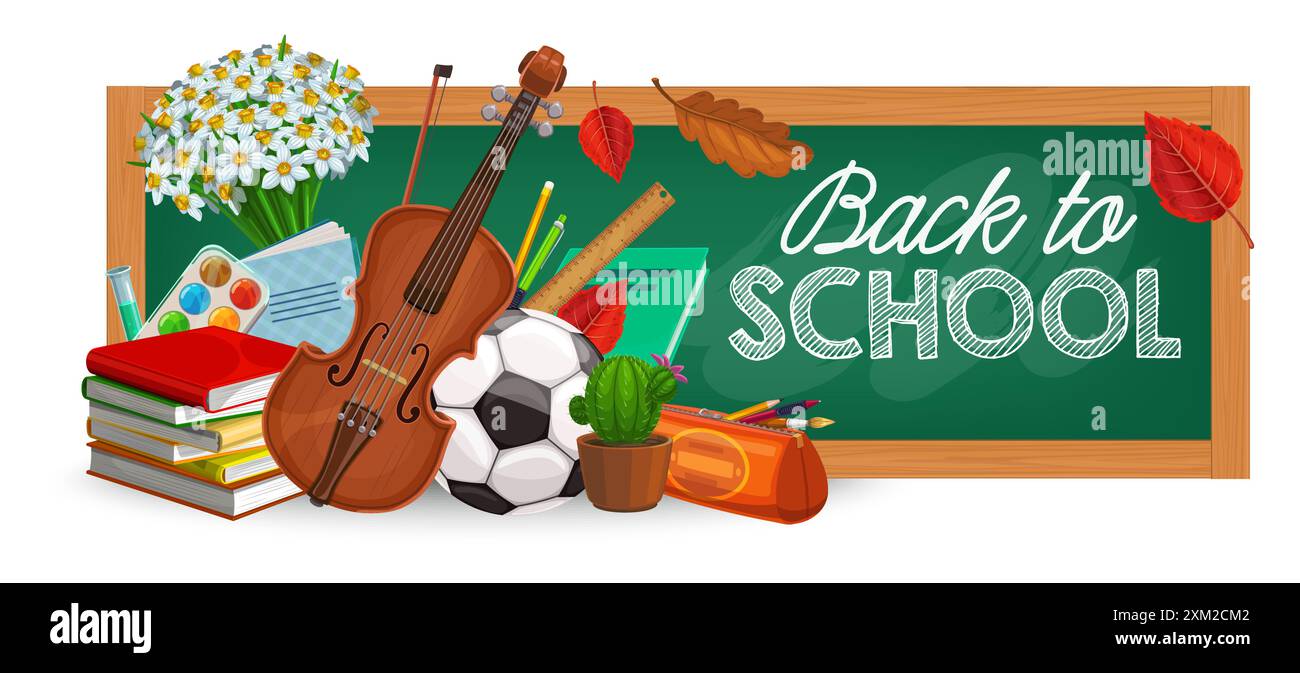 Bannière de tableau noir de retour à l'école avec papeterie ou fournitures éducatives, fond vectoriel. Bannière de retour à l'école avec les manuels scolaires des élèves et textboo Illustration de Vecteur