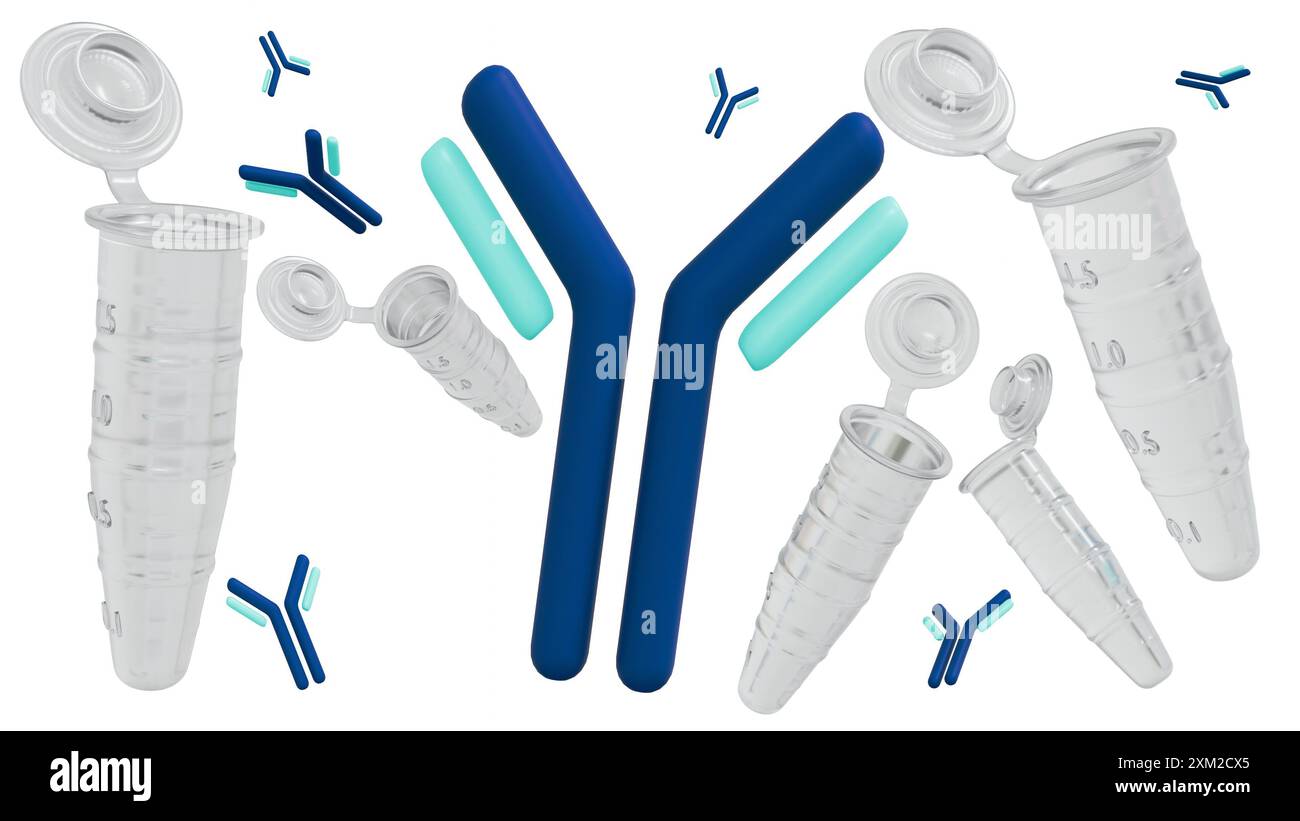 Le rendu 3d des tubes Eppendorf est souvent utilisé dans la recherche pour stocker et purifier les anticorps. Ils peuvent également être utilisés pour mélanger des anticorps avec d'autres réactifs Banque D'Images