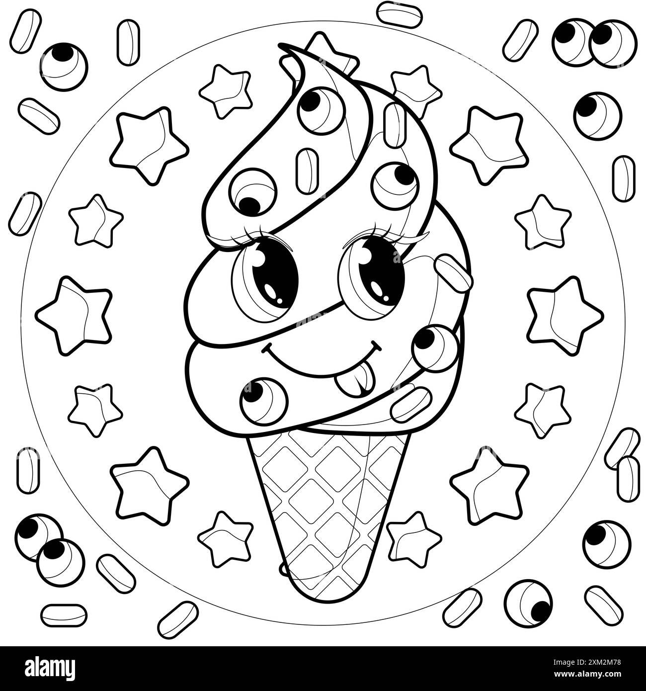 page ?oloring pour les enfants et les adultes. Livre à colorier sirène. Personnage mignon de crème glacée. Délicieux désert. Illustration vectorielle de contour de dessin animé. Enfants Banque D'Images