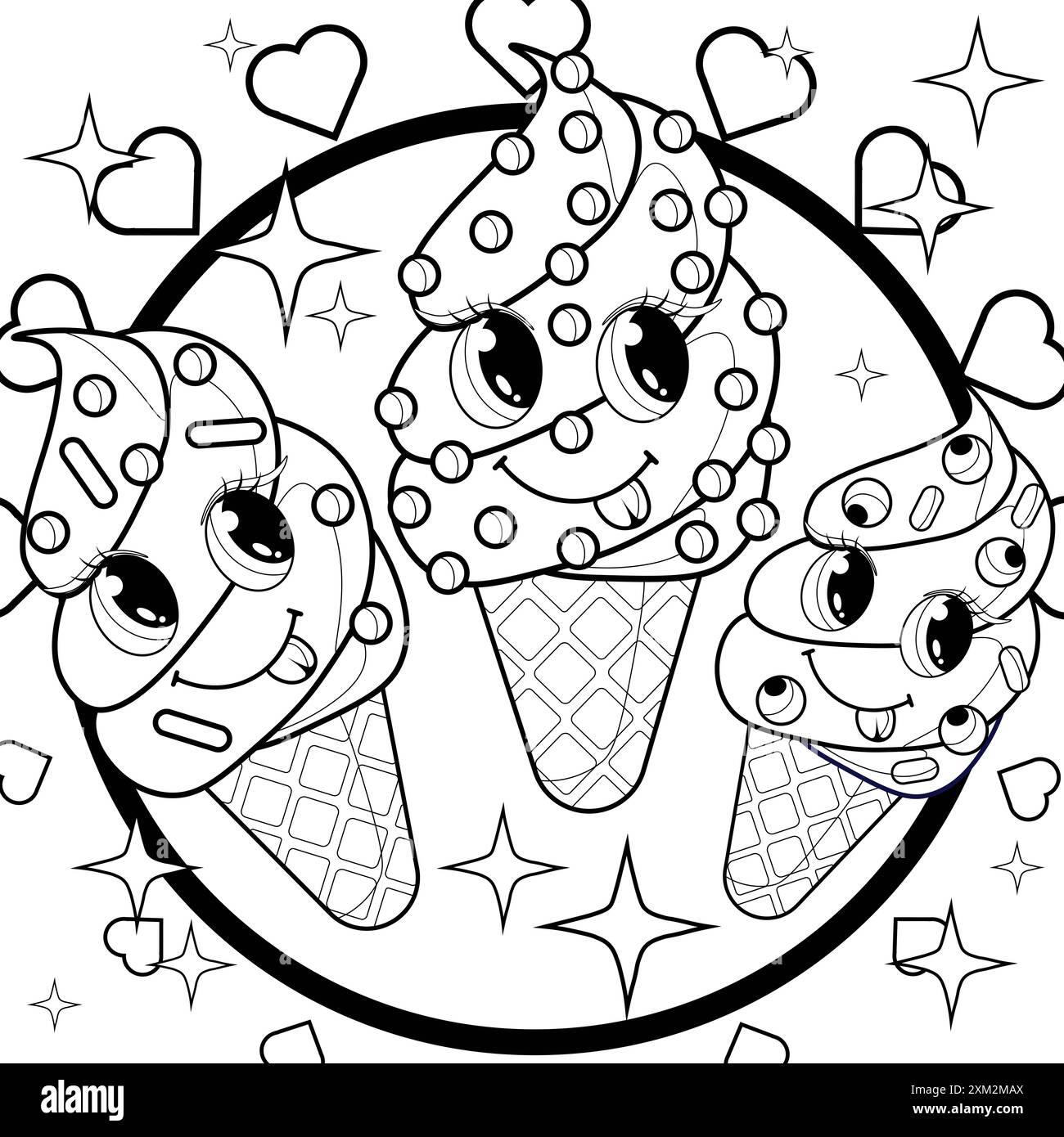 page ?oloring pour les enfants et les adultes. Livre à colorier sirène. Personnage mignon de crème glacée. Délicieux désert. Illustration vectorielle de contour de dessin animé. Enfants Banque D'Images