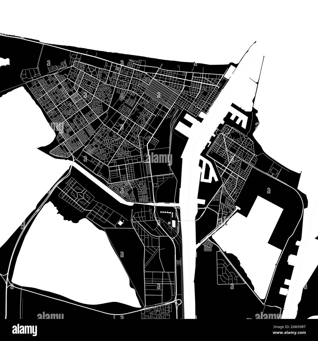 Carte de Port-Saïd, Égypte. Carte vectorielle détaillée de la ville, zone métropolitaine. Carte des rues en noir et blanc avec routes et eau. Illustration de Vecteur