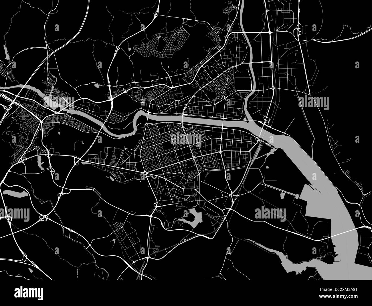 Carte de Ulsan, Corée du Sud. Carte vectorielle détaillée de la ville, zone métropolitaine. Carte des rues en noir et blanc avec routes et eau. Illustration de Vecteur