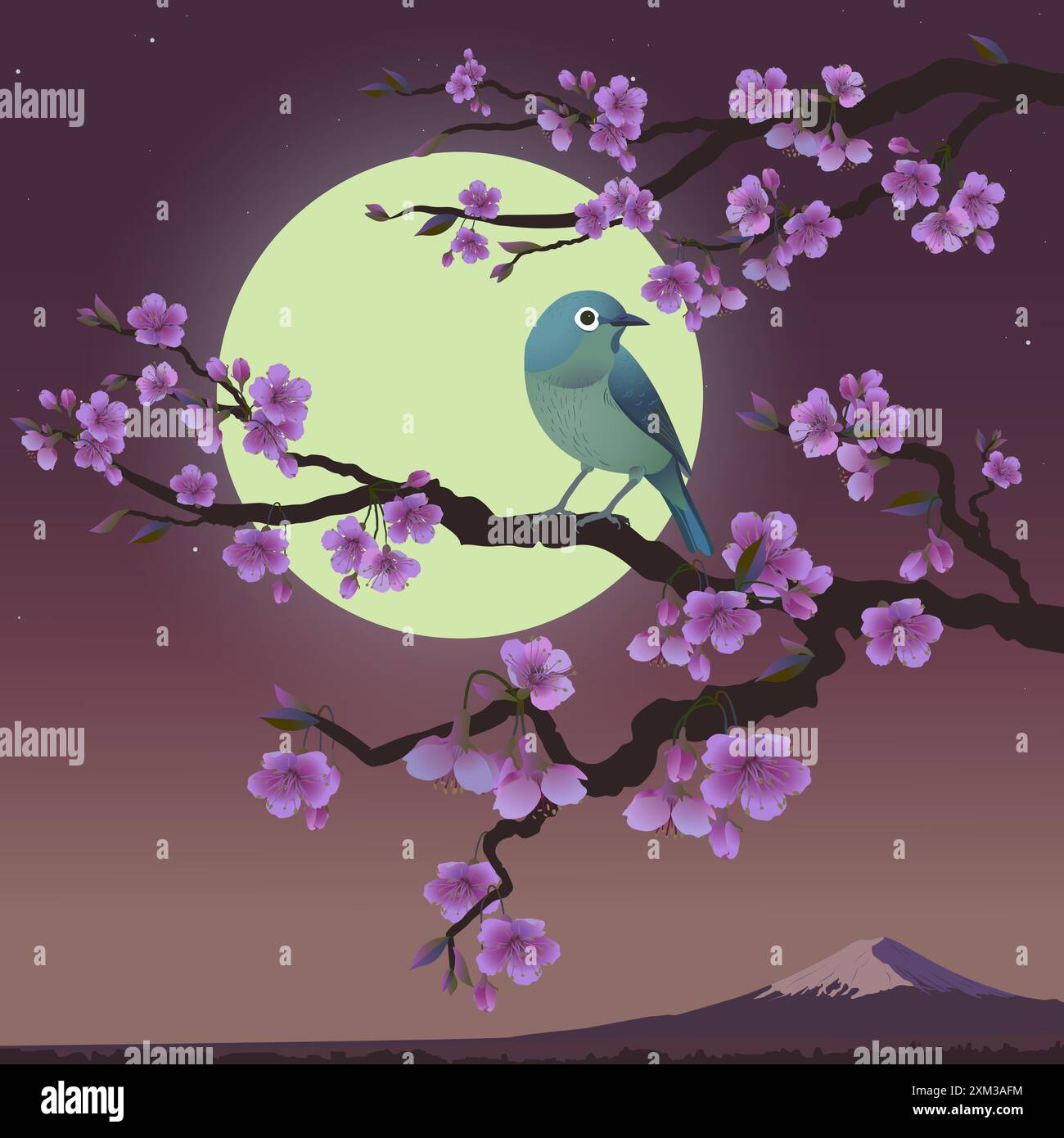 Graphismes réalistes d'Uguisu et Sakura sur fond de Fuji. Nightingale japonaise sur une branche de cerises en fleurs. Illustration vectorielle de Bush Illustration de Vecteur