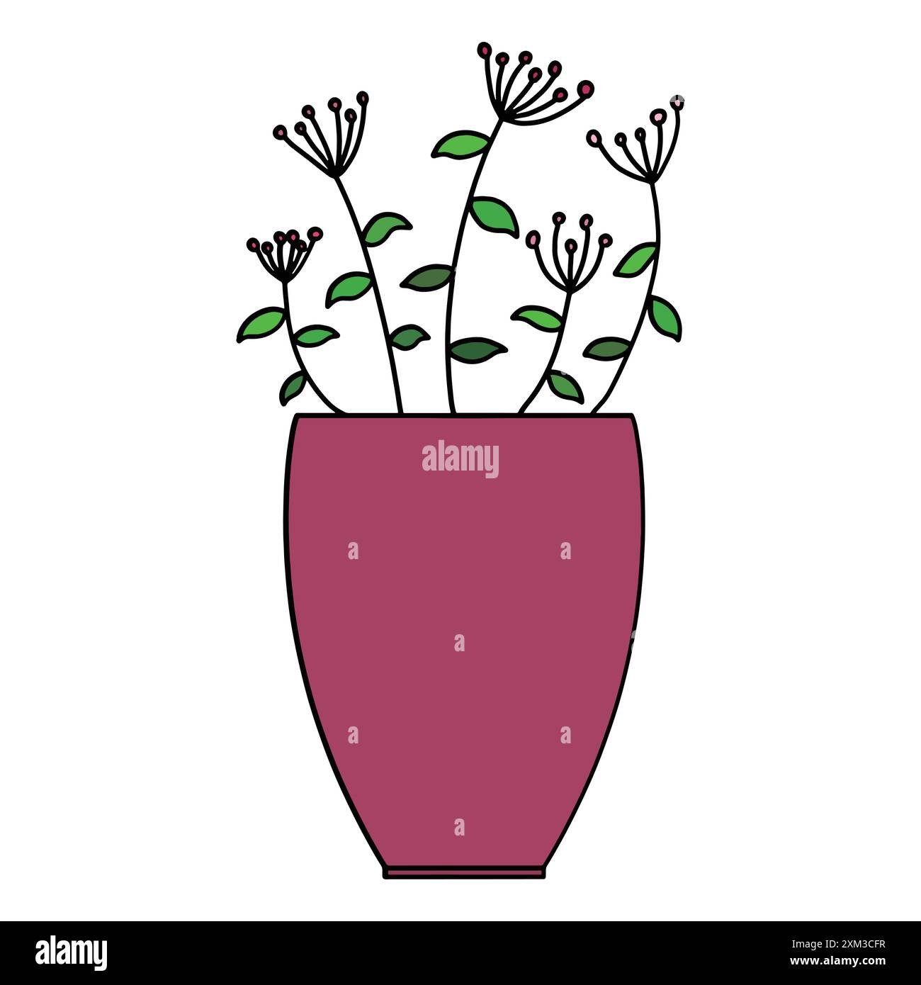 Un pot de fleurs avec des petites fleurs de forme inhabituelle dans un pot en forme de pot haut violet. Illustration de Vecteur