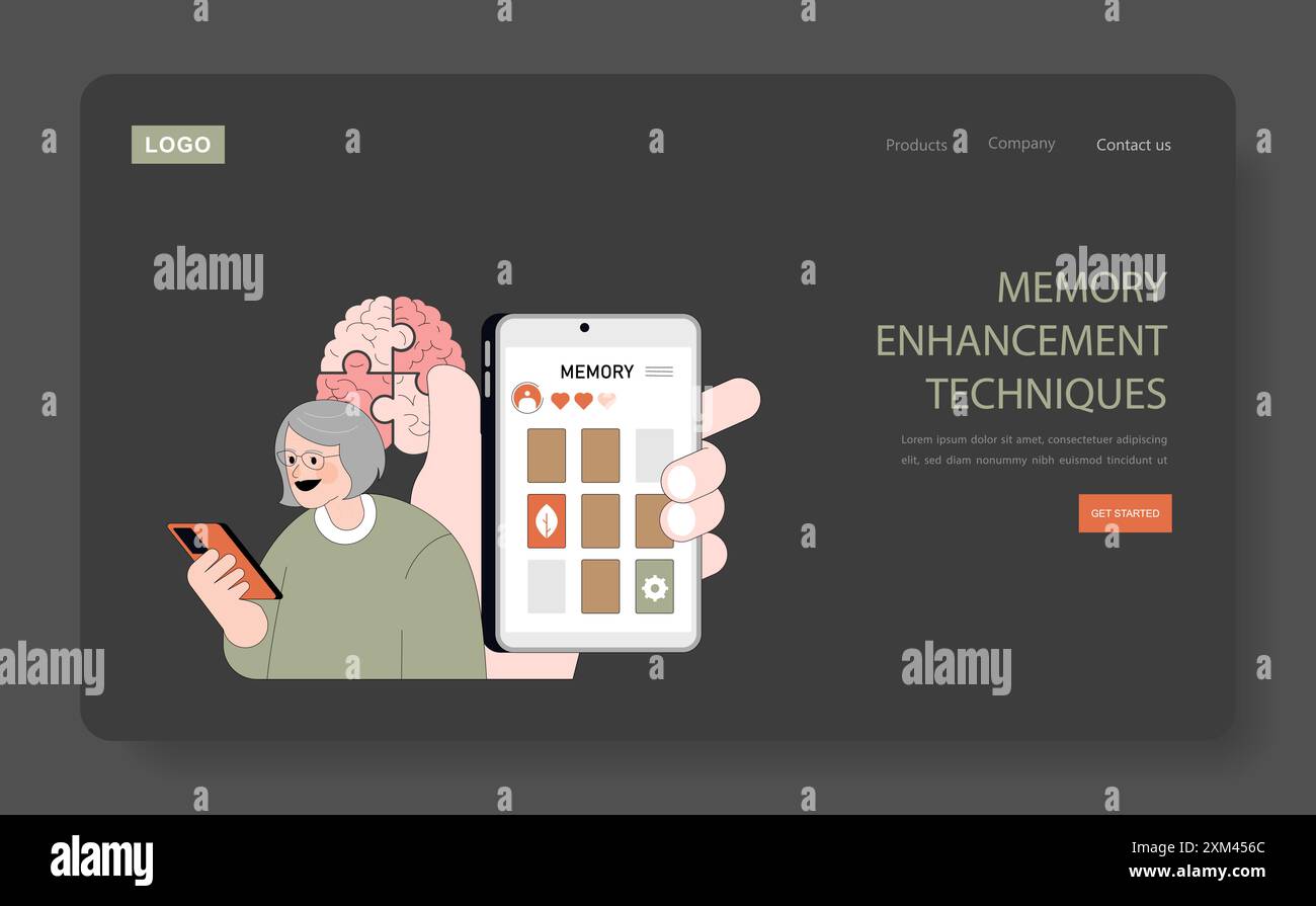 Concept de vieillissement positif. Femme âgée utilisant l'application de jeu de mémoire pour la stimulation cognitive. Engager la technologie moderne pour la santé du cerveau. Illustration vectorielle. Illustration de Vecteur