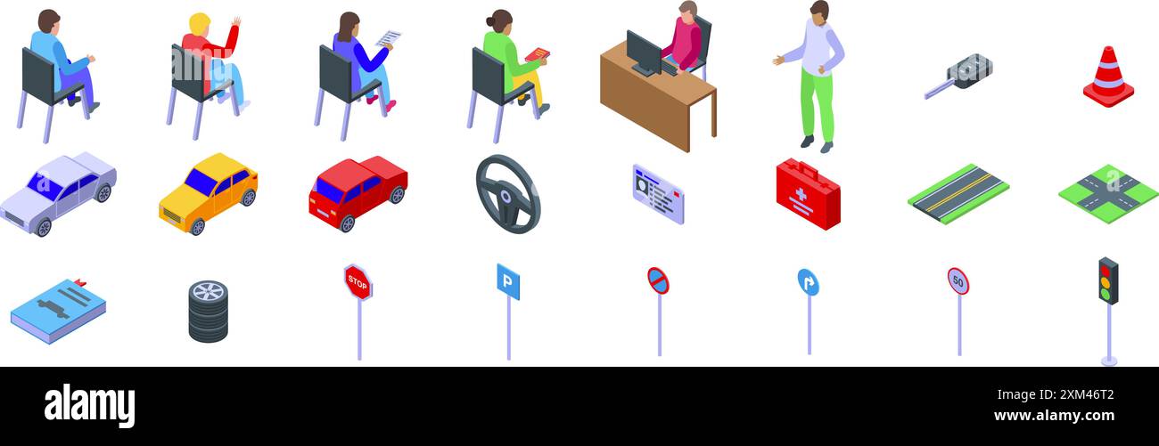 Icônes des cours de conduite en école. Éléments d'auto-école avec les élèves apprenant les règles de la route et instructeur expliquant le code de la route Illustration de Vecteur