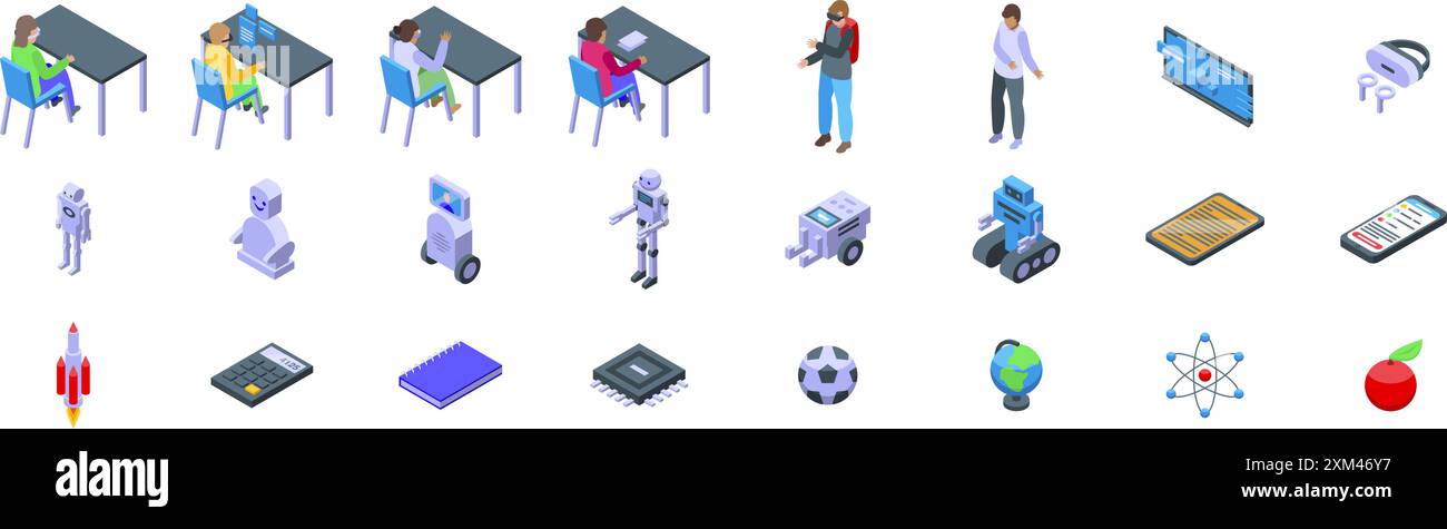 Jeu d'icônes d'école futuriste. Ensemble isométrique d'étudiants étudiant au bureau de l'école et icônes de concept d'intelligence artificielle Illustration de Vecteur